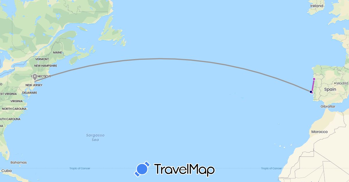 TravelMap itinerary: driving, plane, train in Portugal, United States (Europe, North America)