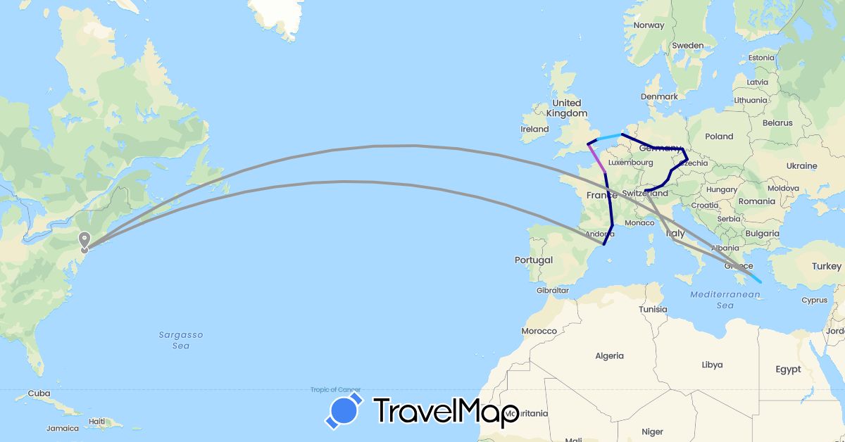 TravelMap itinerary: driving, plane, train, boat in Switzerland, Czech Republic, Germany, Spain, France, United Kingdom, Greece, Italy, Netherlands, United States (Europe, North America)